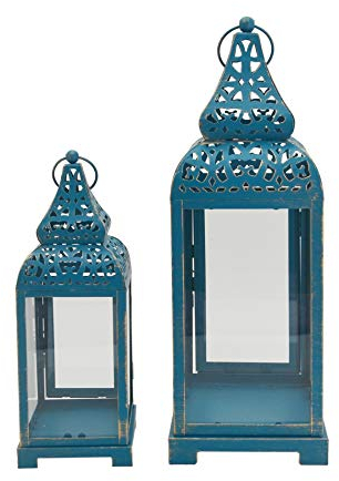 Rebecca Mobili Linternas Portavelas Decorativas Étnicas, Metálico PVC, Oro Azul, para Eventos Bodas Mobiliario del Hogar - Medidas: 39 x 14,5 x 14,5 cm - Art. RE6549