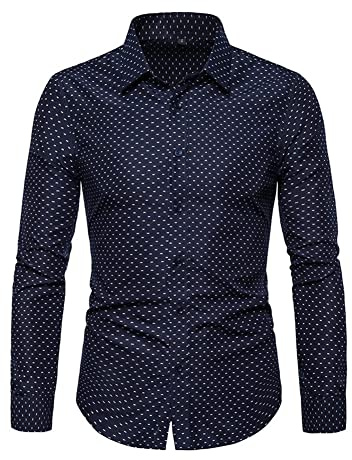 YAOTT Homme Haut élégant Chemise à Pois Chemise à Manches Longues et Coupe ajustée et Infroissable Top en Coton sans Repassage Chemise Travail d'affaires Chemise Popelin Formelle Bleu foncé XL