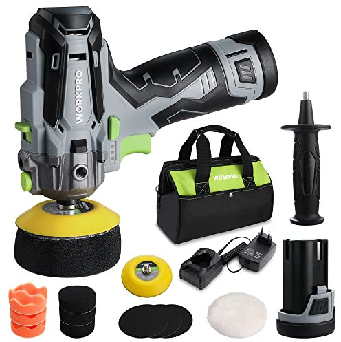 WORKPRO Lucidatrice Auto 12V, Mini Lucidatrice per Auto a Batteria 7000 RPM, 2 batterie da 2,0Ah, Ricarica rapida in 1 ora, 75mm Spugne Lucidanti + Feltri di Lana, Adatto per Lucidatura e Ceratura