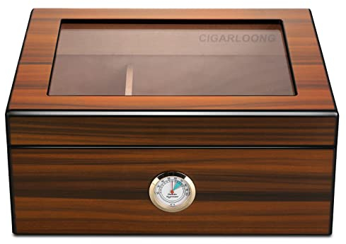 CIGARLOONG Humidor 45-56 en Verre Artisanal boîte de Rangement de Bureau en Bois de cèdre avec diviseur, humidificateur et hygromètre, Brun (Medium)