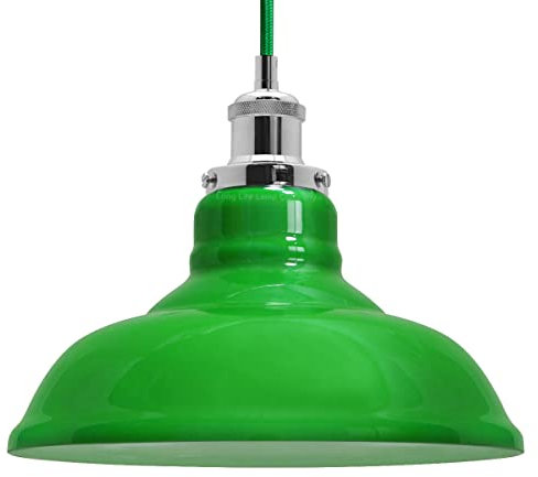 Vintage Chrome Pendant Light Green Ceiling Lamp Shade Fitting Retro Glass Dome H3046