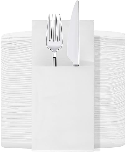 WedDecor Engångs middagsservetter med inbyggd bestickficka, dekorativa bröllopsservetter, förvikta, mjuka, starka, absorberande, 50-pack, vita