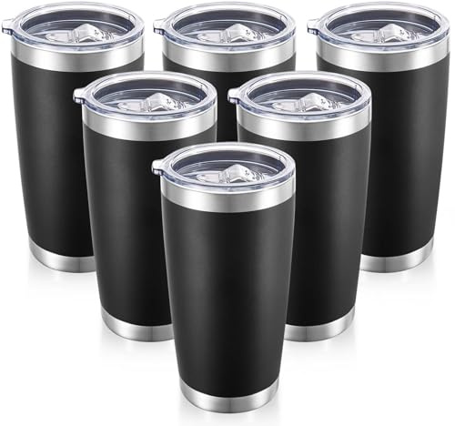Cool Yoleb 20 oz Tumblers Bulk Stainless Steel Tumbler with Lid Double Wall Vacuum Insulated Coffee Mug 20oz Powder Coated Cup for Hot and Cold Drinks, Black, 6 pack
