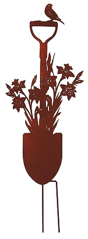 UNUS Bêche de Jardin avec Oiseau et Jonquilles - Piquet Décoratif en Métal Patiné Inoxydable - Aspect Rouille pour Terrasse, Balcon ou Pot de Fleurs