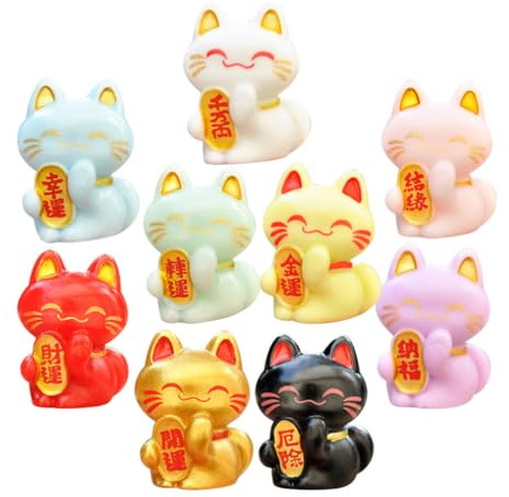 Kichvoe 9Pcs Mini Lucky Cat Figurines Japanese Resin Fortune Cat Statue
