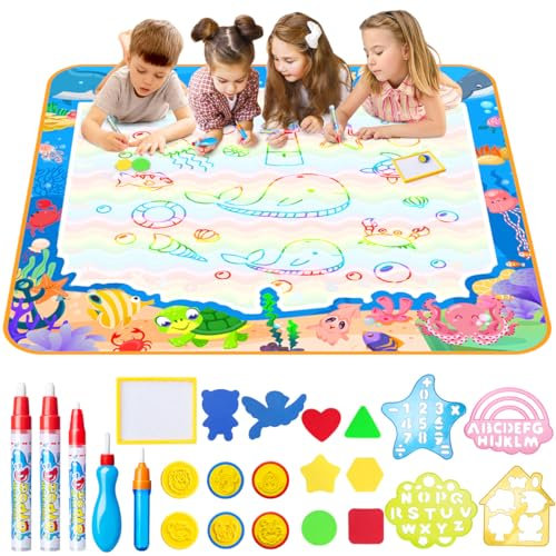 MELAND Water Doodle Mat, 105 * 100 CM Large Aqua Drawing Mat with Water Pens Molds, Mess Free Painting for Kids Outdoor & Garden Toys for Toddlers Age 3 4 5 6 Educational Toddler Toys for Girls Boys