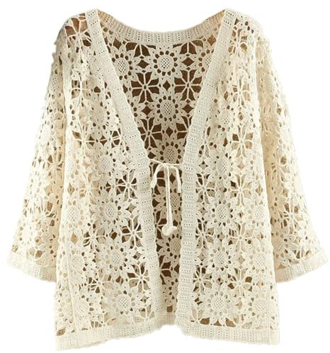 Damen-Achselzucken, hohle Spitzen-Sommer-Strickjacken mit vorderer Krawatte, offene vordere Häkelkickjacken mit langen Ärmeln, elegante Boho-Badeanzug Coverup für Frauen zu den Achseln für Frauen