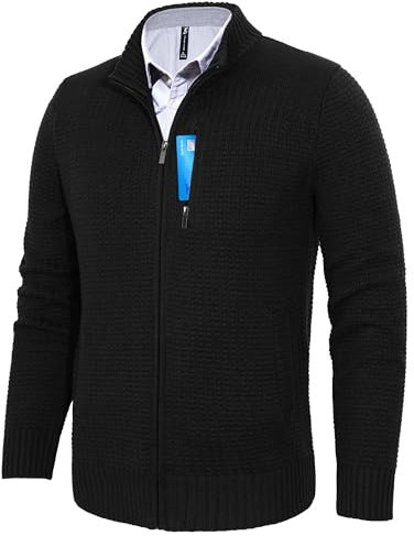 Pioneer Camp Herren Strickjacke Mit Reissverschluss Stehkragen Cardigan Herren Zip Sweaters Fein-Strike Strickpullover Jacke 3 Taschen Neu Schwarz M