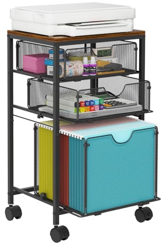 BOHDK Carrito de archivos rodante, carrito de archivos para almacenamiento debajo del escritorio, archivador móvil de madera y malla con 3 cajones deslizantes, para A4, carpetas de archivos colgantes