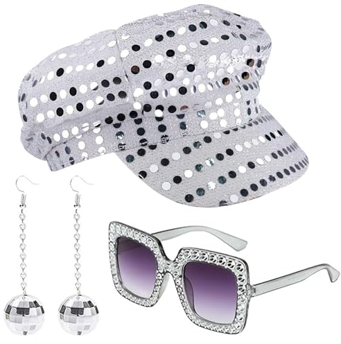 AYNKH Juego de 3 sombreros de lentejuelas de discoteca de los años 70, sombrero de lentejuelas plateadas con lentes de sol y aretes, trajes retro para mujer, para fiestas de disfraces, cosplay,