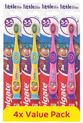Colgate Kids Toothbrush Multipack 3-5 Years, 4 Pack/with Extra Soft Bristles for a Gentle Clean, Non-Slip Handles & Toothpaste Guide