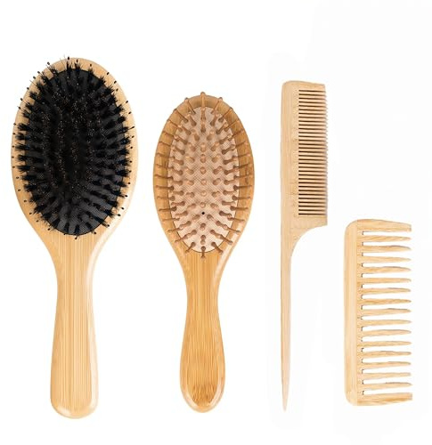 Lot de 4 brosses à cheveux et peignes pour homme et femme, brosse en poils de sanglier, 100 % bambou, brosse à cheveux démêlante, excellent sur tous les cheveux pour la famille