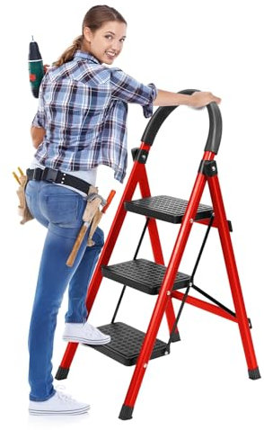 joukares Escabeau à 3 marches pliable avec larges pédales antidérapantes, échelle pliable multifonction pour la maison et le camping-car, escabeau robuste pour intérieur et extérieur, supporte jusqu'à