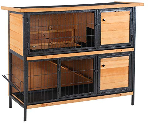PawHut Conejera de Madera de 2 Niveles Jaula para Conejos con Techo Asfáltico Abatible Puertas con Pestillo Bandejas Extraíbles y Rampa Conejera para Exterior 122x50x101 cm Natural y Negro