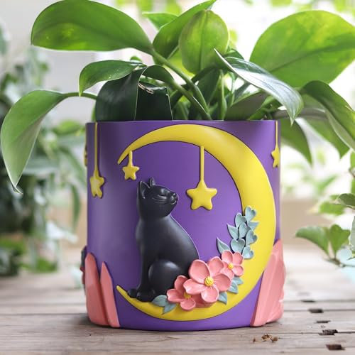 AmiCera Pot de fleurs mignon avec motif de chats de lune, arc-en-ciel, avec drainage, pots de fleurs colorés pour plantes d'intérieur, pot de fleurs succulents polyvalent, comme décoration de la