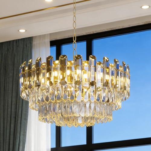 Vrygle Lampadario dorato moderno in cristallo: illuminazione da soffitto rotonda in metallo e cristallo, plafoniera sospesa per sala da pranzo, camera da letto, 6 x E14, Φ40 cm
