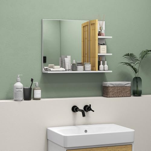 HOMCOM Specchiera Bagno con 4 Ripiani in Legno, Specchio da Bagno a Parete Moderno con Mensole, 45x15x58.5cm, Bianco
