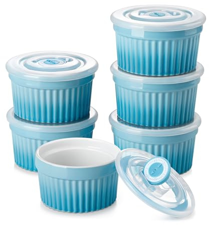 vancasso Ramequins avec Couvercles Lot, 6 X 200 ML Ramequins et Moules à Soufflés en Porcelaine, Ramequin Creme Brulee pour Muffin et Gâteau, Ramequin Four à Crème, Sauce, Fruit, Ø9.5 CM - Bleu