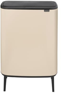 Brabantia Bo Hi Touch Top Kitchen Trash Can with Dual Compartments & Raised Legs | Soft Beige | 2 x 8 Gal Inner Buckets | Soft-Close, Light Touch Opening, Stay-Open Lid | + Trash Bags