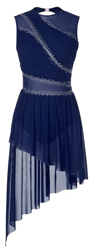 Yruioon Robe De Patinage Artistique Femme Brillant Robe De Ballet sans Manches Strass Body avec Jupe Asymétrique Danse Moderne Contemporaine Lyrique Tenue Danse