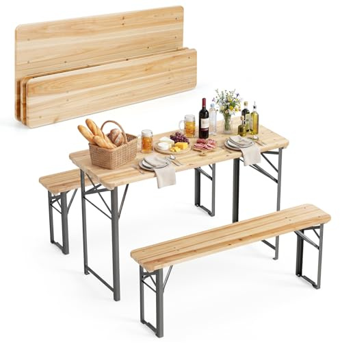 COSTWAY Conjunto de Mesa y 2 Bancos de Exterior, Mesa de Comedor y Bancos Plegables de Madera de Abeto con Estructura Metálica, sin Montaje, Ideal para Acampadas, Picnics, Natural