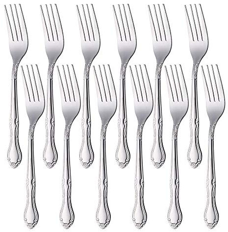 QIBOORUN Salad Forks Set of 12, Stainless Steel Silverware Flatware Forks, Appetizer Dessert Forks with Flower Edge- 6.4 Inches, Silver