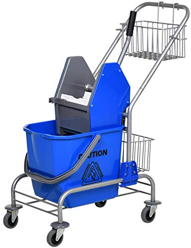 HOMCOM Chariot de ménage Chariot de Lavage Chariot de Nettoyage Professionnel Presse à mâchoire Seau 26 L + Panier de rangements dim. 73L x 45l x 95H cm Bleu