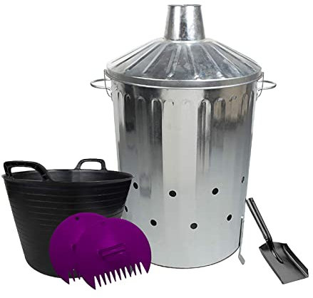 Large 90L Galvanised Incinerator, Mini Shovel, 42L Flexi Tub and Plastic Leaf Grabber Set.