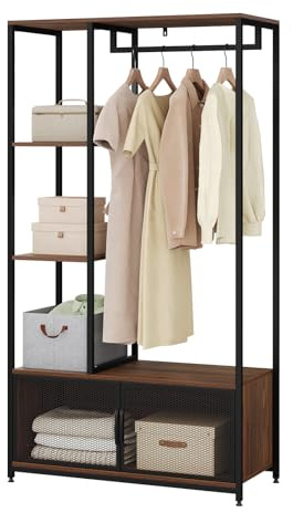 WOLTU Stand Appendiabiti con Multi Scaffali Laterali e Armadietto Guardaroba Scaffale Porta Abiti in Legno e Metallo, Faggio Scuro