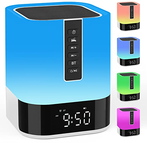 Enceinte Bluetooth Portable Réveil Lumineux, Lampe de Chevet Tactile avec Lecteur de Musique MP3, Machine à Bruit Blanc &Minuterie,Haut-parleur Veilleuse Enfant,Cadeau Ado Fille Anniversaire