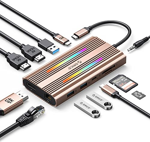 Station d'accueil, Orico 12 en 1 Docking Station, avec double 4K HDMI, DP 4K @ 60Hz, PD 100W, Ethernet, 3 USB 3.0, SD/TF, audio 3,5 mm, 14 modes d'éclairage RGB, Hub USB compatible pour Windows/Mac OS