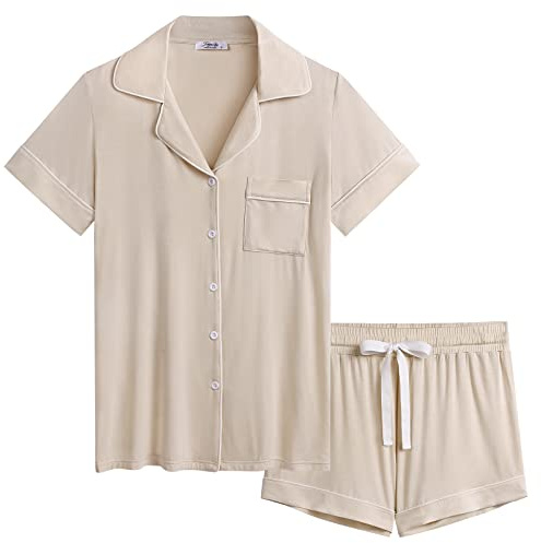Joyaria Bamboo Viscose Pajama/Pj Sets for Women Short Sleeve Sleep Sets Jersey Knit(Cream,Medium)
