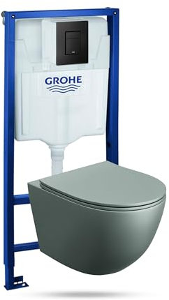 Lavita Élément mural Solido + WC suspendu Sinto gris sans bord + abattant de WC avec système d'abaissement automatique bouton noir - Kit complet encastré pour WC