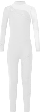 Miutii Turnanzug Mädchen Langarm Gymnastikanzug Glitzer Ballettanzug Kinder Ganzkörper Trikot Eiskunstlauf Body Overall Jumpsuit Tanzanzug A Weiß 146-152