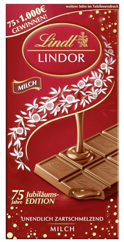 Lindt Schokolade LINDOR Milch | 100g Tafel | Feinste Vollmilch-Schokolade mit einer unendlich zartschmelzenden Füllung | Schokoladentafel | Schokoladengeschenk | 75 Jahre