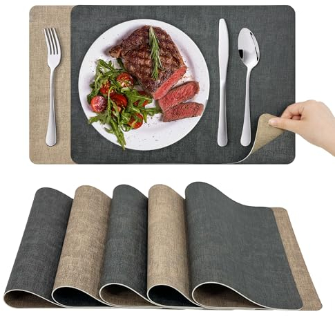 KitchenBoss Set de Table Lavable Plastique: Dessous de Table Double Face, Lot de 6 Sets de Table et Dessous de Verre (Gris Ahricot), Résistant à la Chaleur et Antidérapant 43x30cm,10x10cm