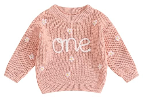 Geagodelia Toddler Baby Girl 1st Birthday Sweater Long Sleeve Knitted Sweatshirt Pullovers Floral Letter Embroidery Knit Jumpers Tops Chunky Knitwear Winter Warm Clothes Outfits (Pink, 9-12 Months)