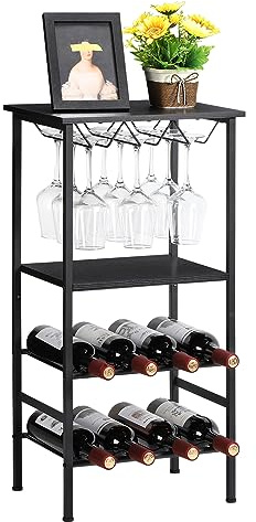 Étagère à vin autoportante à 4 niveaux, étagère de rangement pour 8 bouteilles de vin avec support pour verre, étagère à vin de table en bois, étagères de bar industrielles pour cuisine, cave