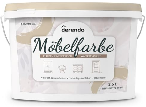 derendo Möbelfarbe Holzfarbe für Innen – Ohne Schleifen, Kratzfest & Hochdeckend – Wasserbasierter Lack für Möbel, Türen & Küchen – Emissionsarm & Pflegeleicht Sandbeige, 2,5 Liter