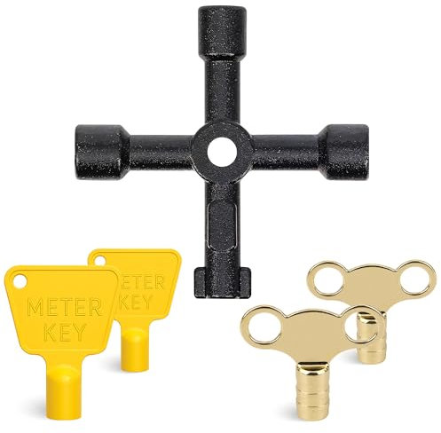 Trimming Shop 5pc Multi Utility Key Set – 2 Yellow Gas Meter Box Keys, 2 Radiator Bleed Keys and 4-Way Utility Key – Universal Key for Valves, Cabinets, Radiators & Utility Gas Meters