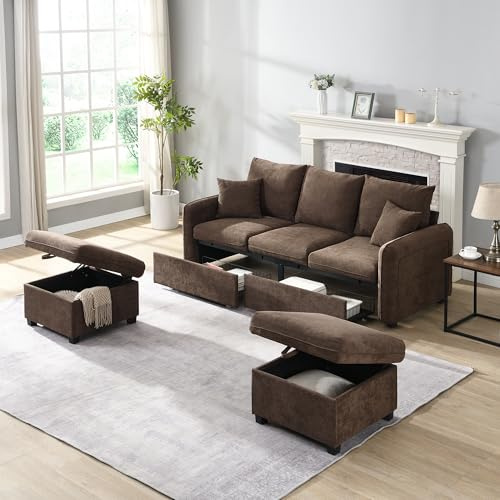 Oxtao Divano angolare multifunzionale a U a 3 posti, con stoccaggio e cassetti, sgabello con vano portaoggetti, set modulare con funzione di sonno, rivestimento