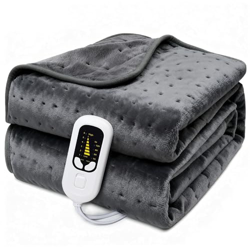 KANANAFEEL Coperta Elettrica in Flanella Morbida, Protezione da Surriscaldamento, Plaid Riscaldante Lavabile in Lavatrice con Timer 12 Ore e 6 Livelli di Calore(Grigio scuro, 160×120cm)