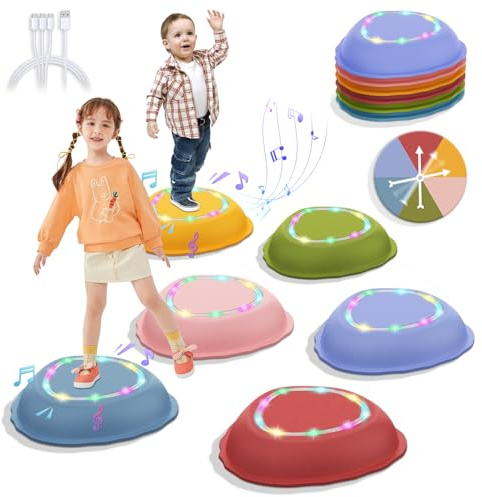 Ueuttiy Stepping Stones for Kids - 6 Stackable Balance Sensory Stones with Lights & Music, Non-Slip Indoor & Outdoor Garden Toys - Durable Play Equipment/Obstacle Courses, Gift for Toddlers Age 3-5