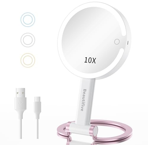 Travel Mirror with Light, USB-C Rechargeable 1/10X Magnifying Makeup Mirror