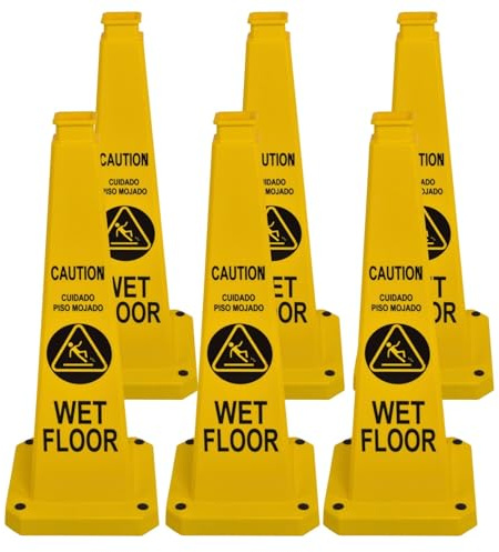 BESEA Caution Wet Floor Sign 6 Pack, 28 Heavy Duty Safety Cone with Weighted Base, Yellow 4-Sided Bilingual Warning Sign, Non-Slip Floor Safety Cone for Restaurants, Stores, Schools, Hotels