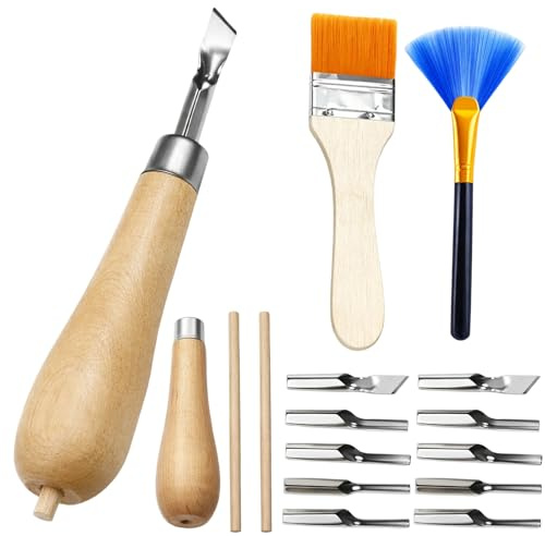 2 Set Lino Cutting Tools, Lino Printing Tools with 2 Cleaning Brushes for Printmaking Engraving, Sculpture, Linocut Printmaking and Stampand Handicrafts, Linos Carving Toolss