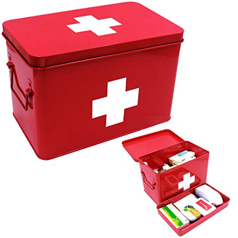 Funly mee Vintage First aid Box for Home, Medicine Tin, Red Metal Medicine Storage Box (Large 12.6× 8.3×7.7 inches)