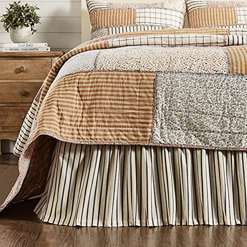 VHC Brands Vintage Country Farmhouse Kaila Gathered Blue Stripe King Bed Skirt 78x80x16