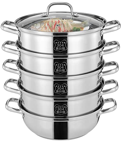 Edelstahl Dampfkocher Stapelbar Dampfgarer Dampfkochtopf 5 Etagen mit Glasdeckel Silber 30cm/28cm (Silber, 30CM)