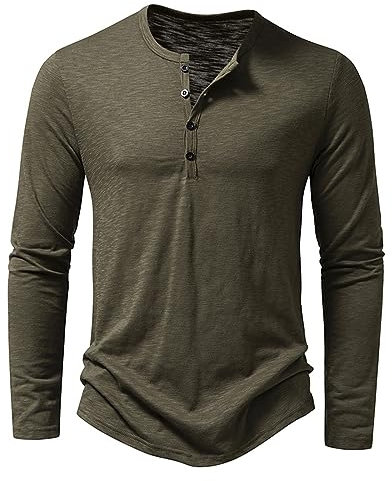 Long Sleeve T Shirt Mens Gym Henley Shirts Vintage Distressed Tops Button Up Blouse Casual Tee Green